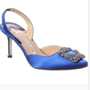 Manolo Blahnik Hangisli Royal Blue Satin Jewel Buckle 70 Sling Back Heels